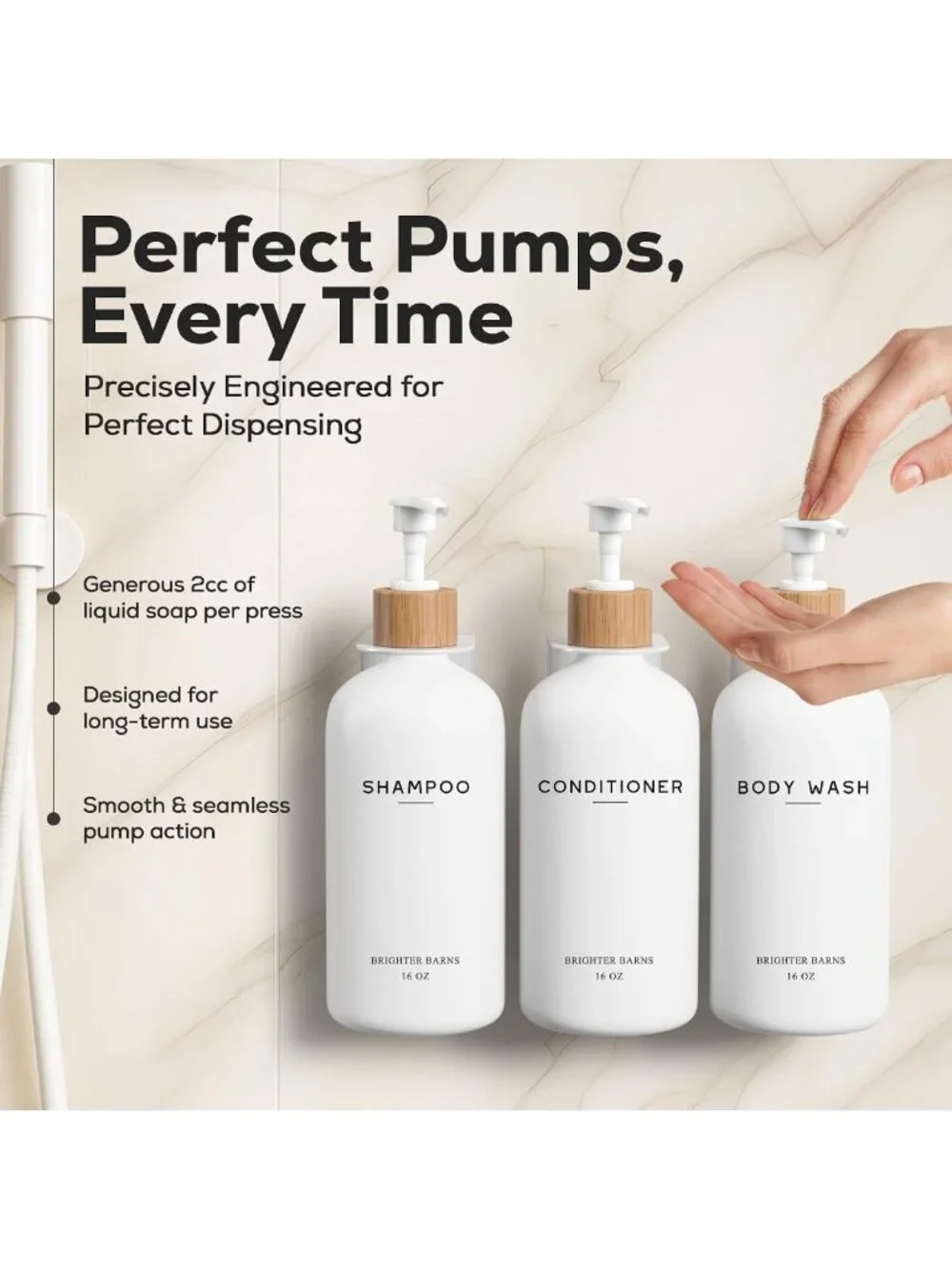 Wall-Mounted White Shampoo & Conditioner Dispenser Set - No Drill, Refillable 3